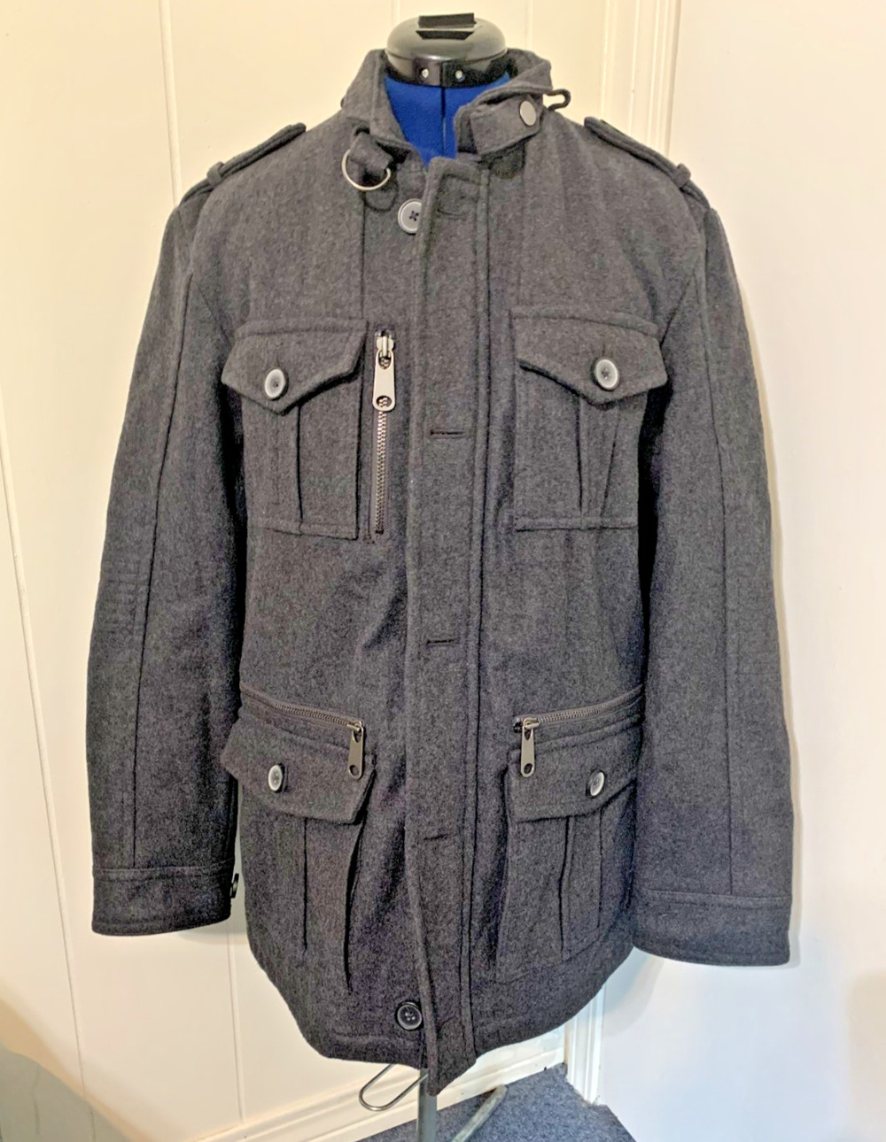 I.N.C. International Concepts Women's Dark Gray Wool Blend Military Coat Large